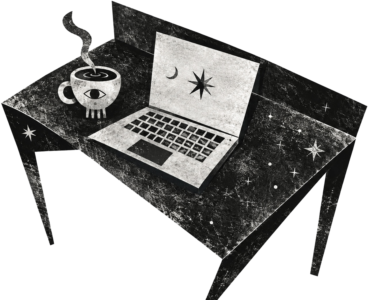 Desk with a celestial laptop and steaming coffee